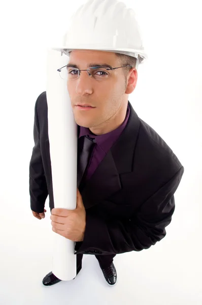 Male architect holding blueprints — Stock Photo, Image