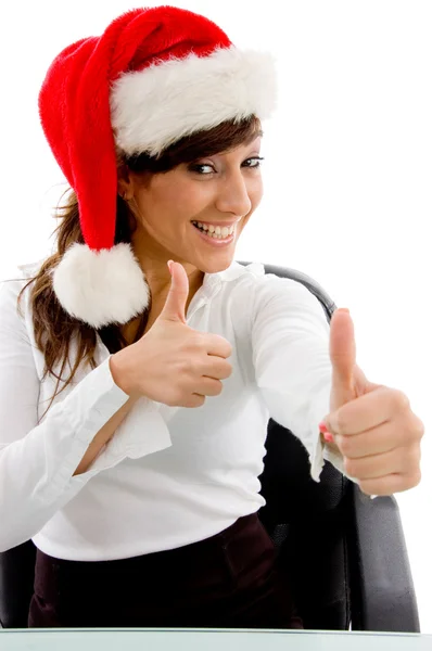 Christmas woman with thumbs up — Stock Photo, Image