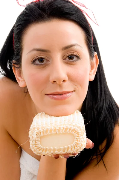 Young woman with scrubber — Stock Photo, Image