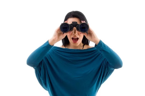 Female looking through binoculars — Stock Photo, Image
