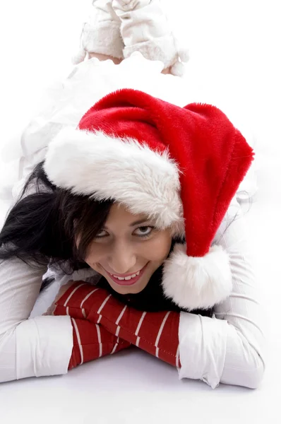 아름 다운 여자 착용 크리스마스 모자 — 스톡 사진