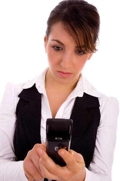 Número de discagem feminina no telemóvel — Fotografia de Stock
