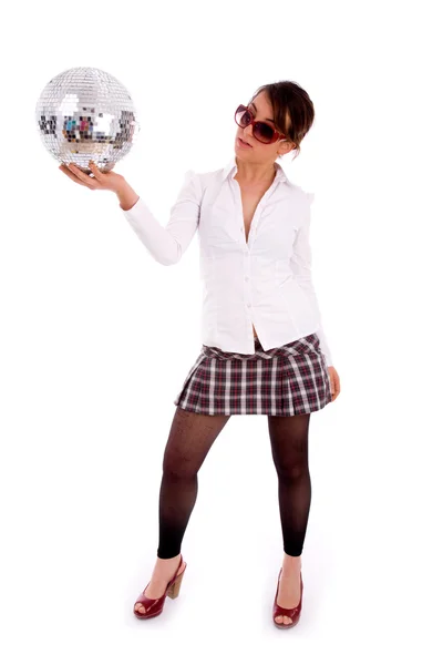 Attractive female holding disco ball — Stock Photo, Image