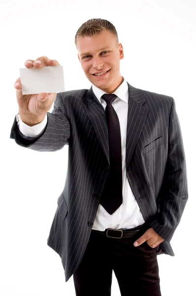 Счастливый бизнесмен показывает визитку — стоковое фото