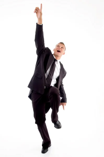 Smart young lawyer pointing upwards — Stock Photo, Image
