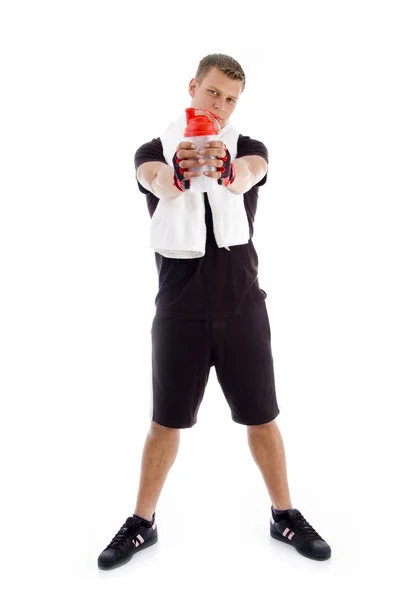 Pohledný muž drží láhev s vodou — Stock fotografie