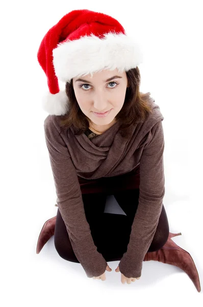Noel katta oturan kadın — Stok fotoğraf