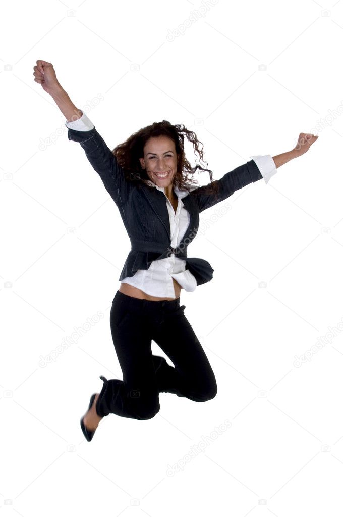 Businesswoman jumping high in air
