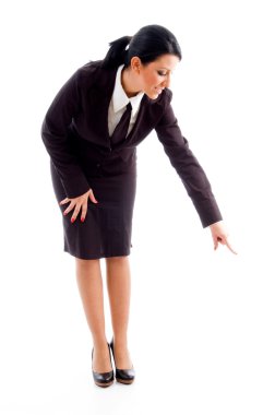 Businesswoman pointing downwards clipart