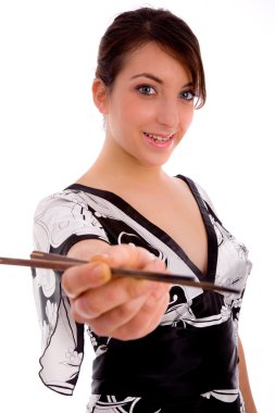 Smiling woman holding chopsticks clipart