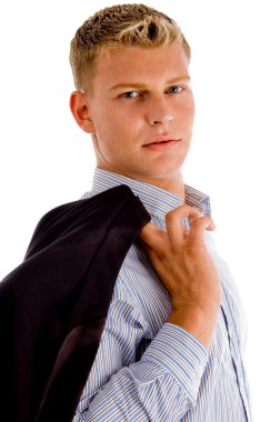 Young man holding his coat clipart