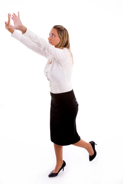 Affärskvinna visar rikta gest — Stockfoto