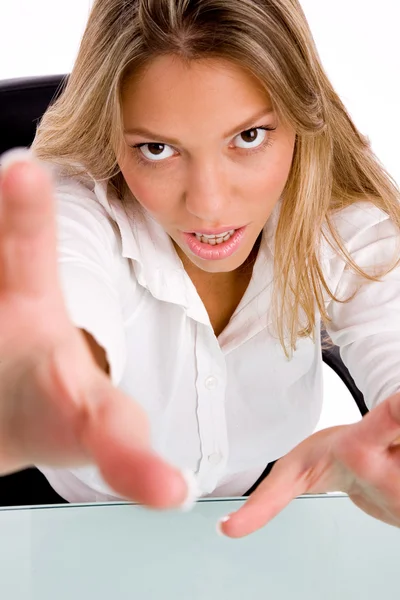 Female manager showing hand gesture — Stock Photo, Image