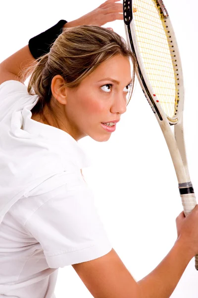 Kobieta gotowa do gry w tenisa, strzał — Zdjęcie stockowe