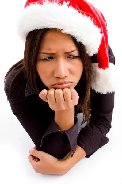 Sad asian woman with christmas hat — Stock Photo, Image