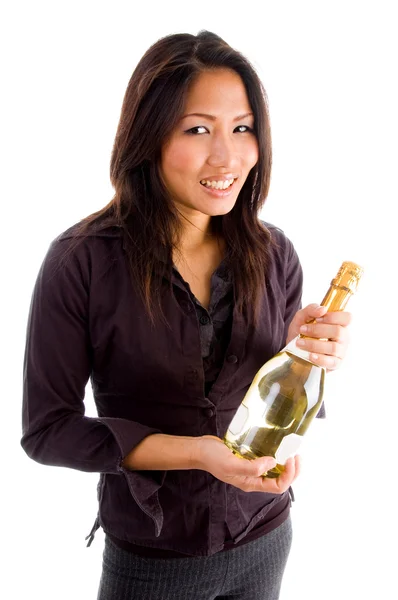 Mujer asiática sosteniendo botella de champán — Foto de Stock