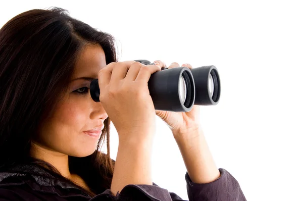 Asian female looking through binoculars — Stock Photo, Image