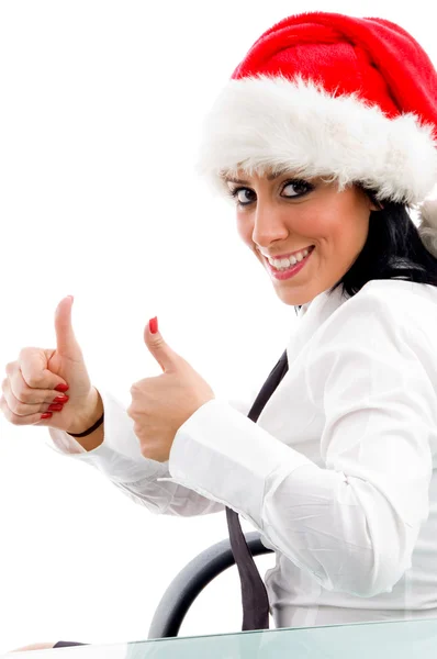 Christmas lady showing thumbs up — Stock Photo, Image