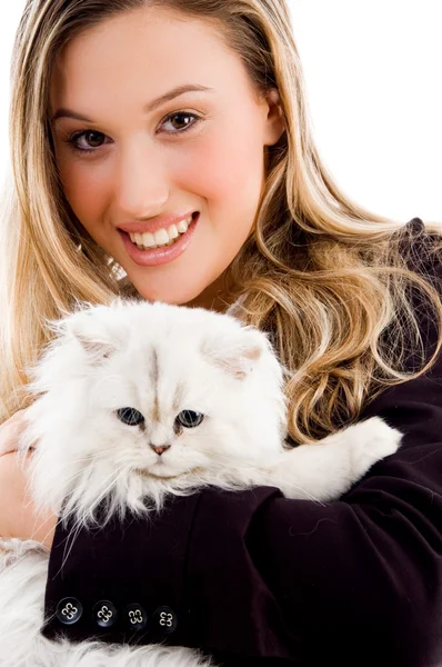 stock image Female smiling and posing with cat