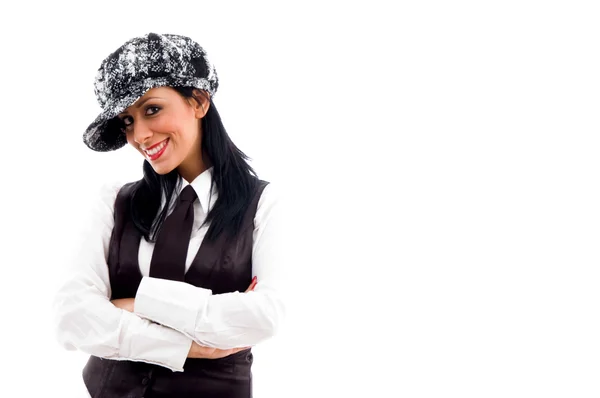 Donna americana in berretto sorridente — Foto Stock