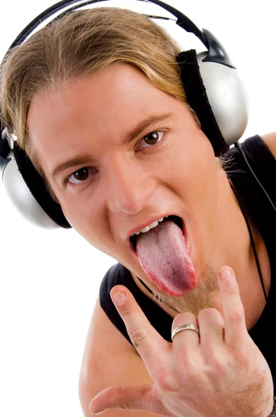 Close up of man listening music — Stock Photo, Image
