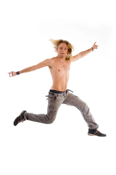 Hombre sin camisa saltando en el aire — Foto de Stock