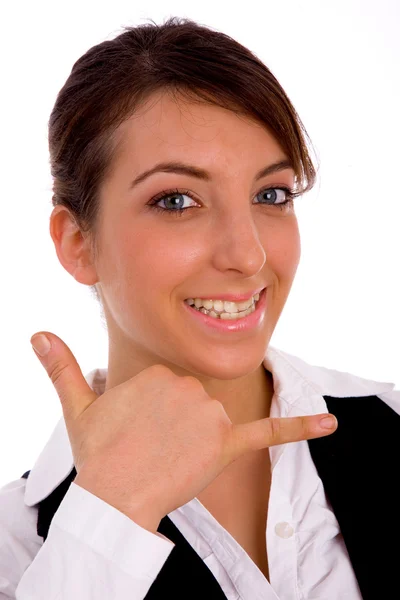 Cheerful woman making phone call gesture — Stock Photo, Image