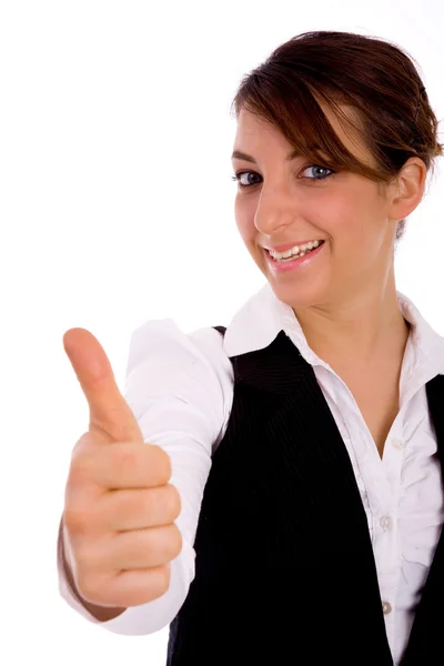 Happy corporate woman with thumbs up — Stock Photo, Image