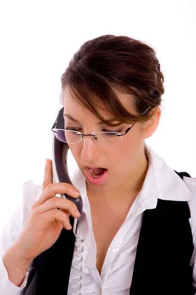Schockierte junge Geschäftsfrau auf Abruf — Stockfoto