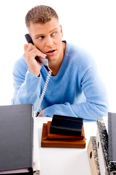 Llamada telefónica en la oficina en el escritorio —  Fotos de Stock