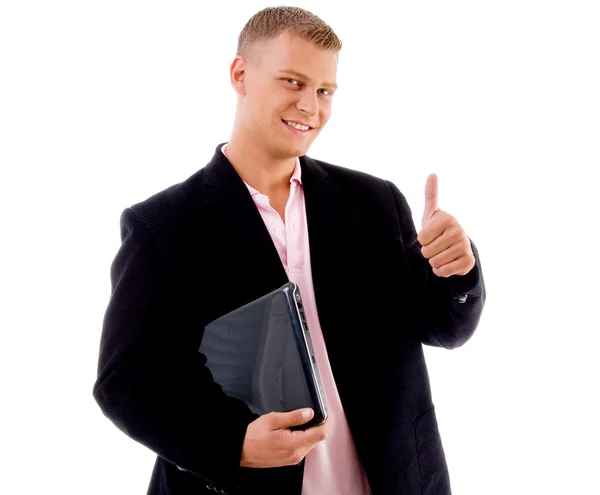 Usmívající se šéf s notebookem a palec nahoru — Stock fotografie
