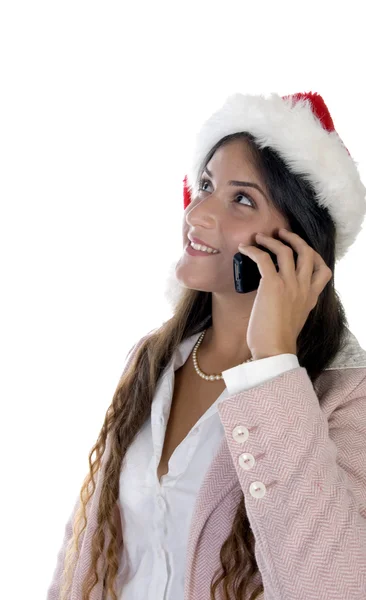 Hölgy a santa kupakot beszél a mobil — Stock Fotó