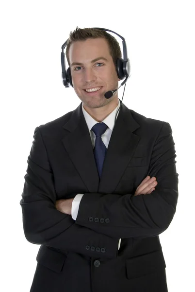 Standing businessman with microphone — Stock Photo, Image