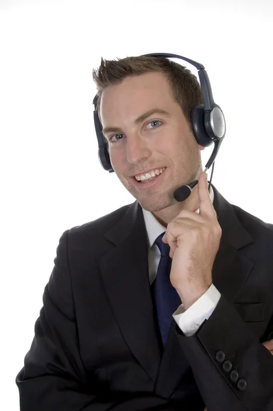 Mladý muž volání s headsetem — Stock fotografie