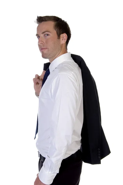 Homem posando com seu casaco — Fotografia de Stock