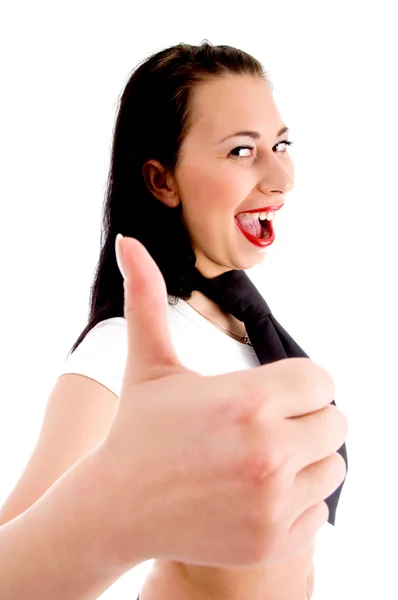 Nádherná žena ukazuje palec — Stock fotografie