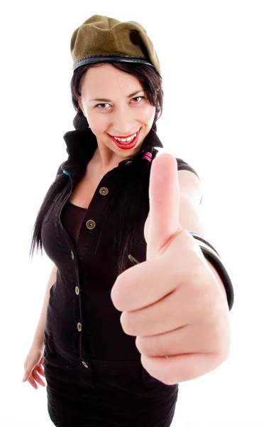 Young female with thumbs up and army cap — Stock Photo, Image