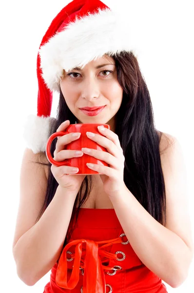 Noel kadın kahve keyfi — Stok fotoğraf
