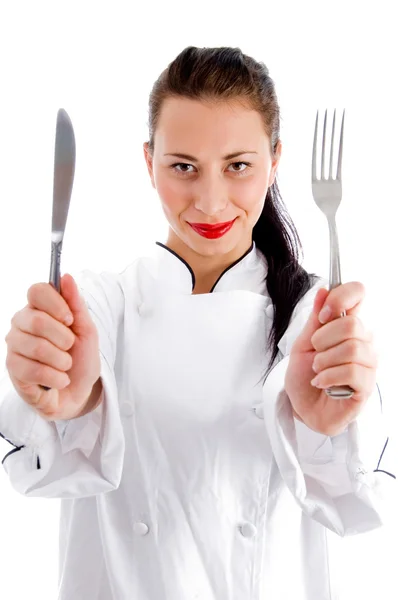 Chef-kok bedrijf vork en mes — Stockfoto