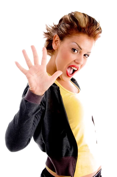 Pretty woman counting five — Stock Photo, Image
