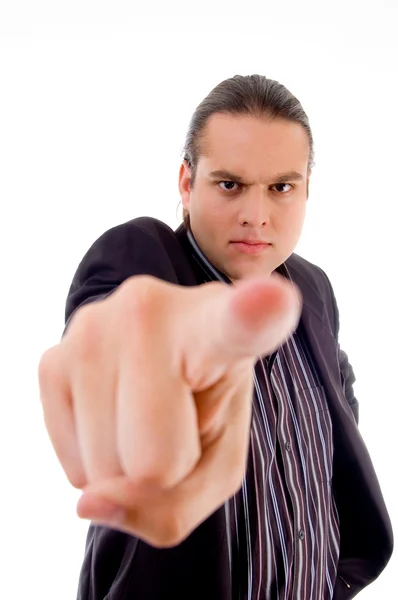 Man pointing towards camera in anger — Stock Photo, Image