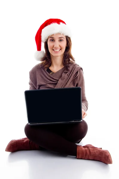 Cheerful woman working on laptop — Stock Photo, Image