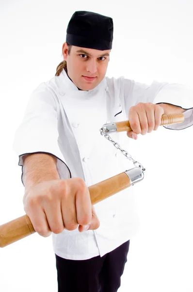 Chef che detiene nunchaku — Foto Stock
