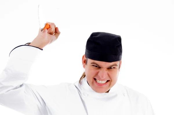 Chef macho atacando con cuchillo — Foto de Stock