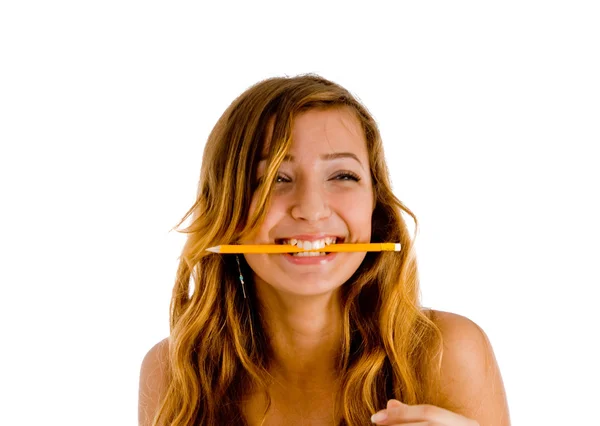 Ceruzával a szájába a csinos lány — 스톡 사진