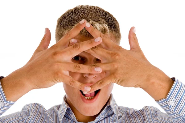 Hane som täcker hans ansikte med hand gest — Stockfoto