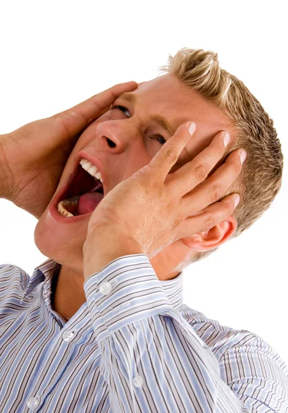 Adam yüksek baş ağrısı acı — Stok fotoğraf
