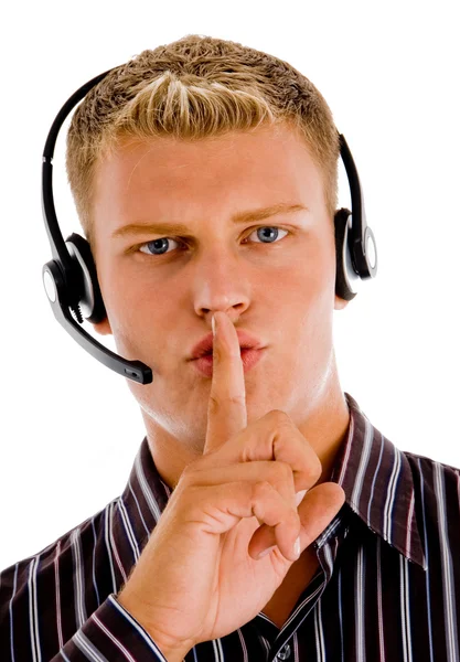 Customer client indicating for silence — Stock Photo, Image