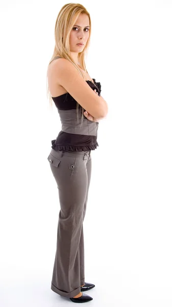 Side pose of woman with folded hands — Stock Photo, Image