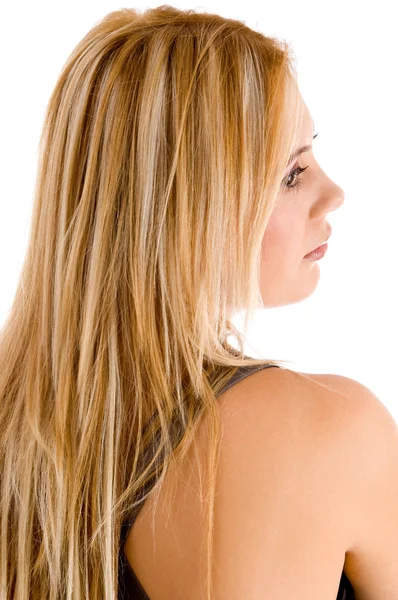 Postura nas costas de mulher loira olhando para longe — Fotografia de Stock